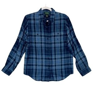 Lauren Ralph‎ Lauren 100% Linen Plaid Button-Up Shirt Sz M Roll Tab Sleeve